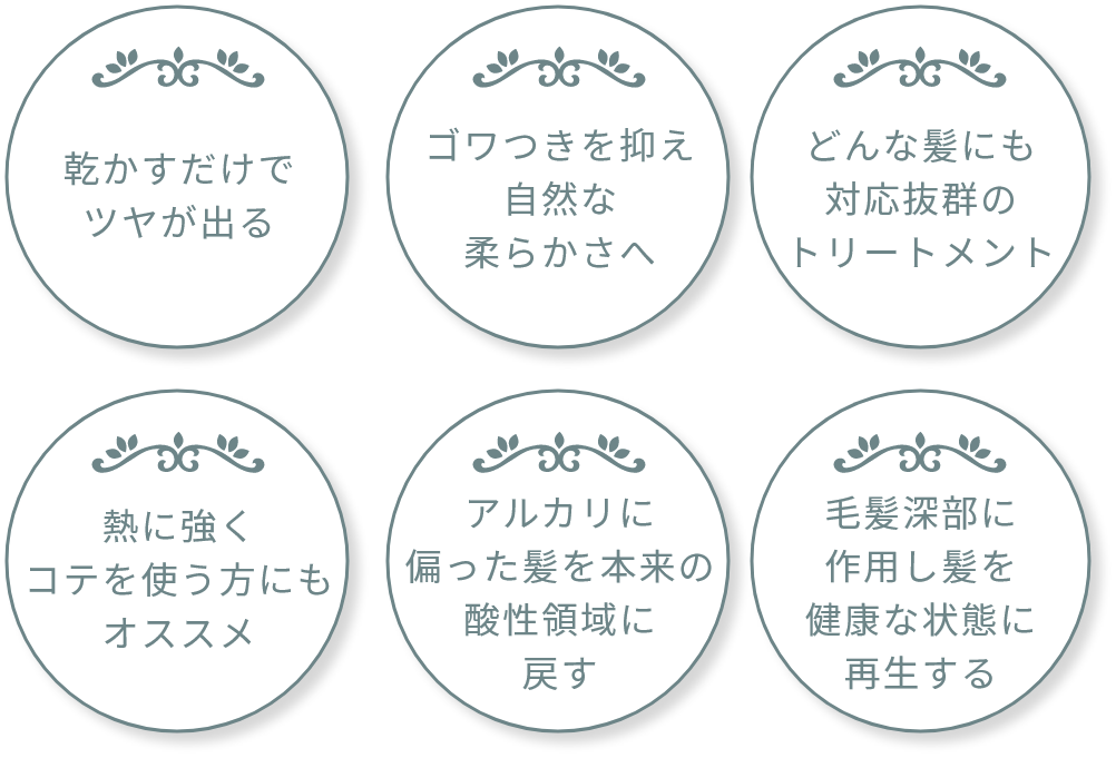 乾かすだけでツヤが出る。ゴワつきを抑え自然な柔らかさへ。どんな髪にも対応抜群のトリートメント。熱に強くコテを使う方にもオススメ。アルカリに偏った髪を本来の酸性領域に戻す。毛髪深部に作用し髪を健康な状態に再生する。