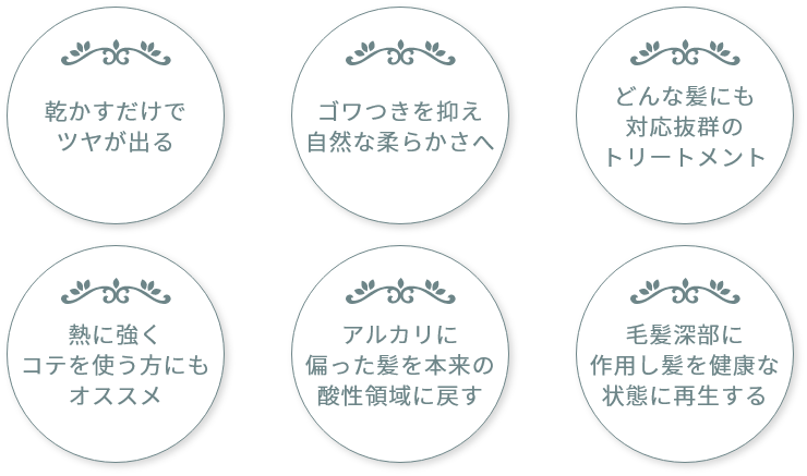 乾かすだけでツヤが出る。ゴワつきを抑え自然な柔らかさへ。どんな髪にも対応抜群のトリートメント。熱に強くコテを使う方にもオススメ。アルカリに偏った髪を本来の酸性領域に戻す。毛髪深部に作用し髪を健康な状態に再生する。